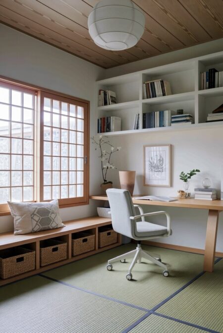 Japandi home office with a tatami rug, a low profile storage bench, and white wall shelves