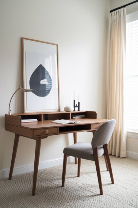 Japandi home office with a warm wood desk on tapered legs and a gray chair