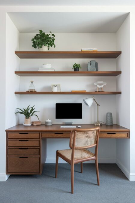 Japandi home office with a wooden desk, shelves, and a chair in the alcove