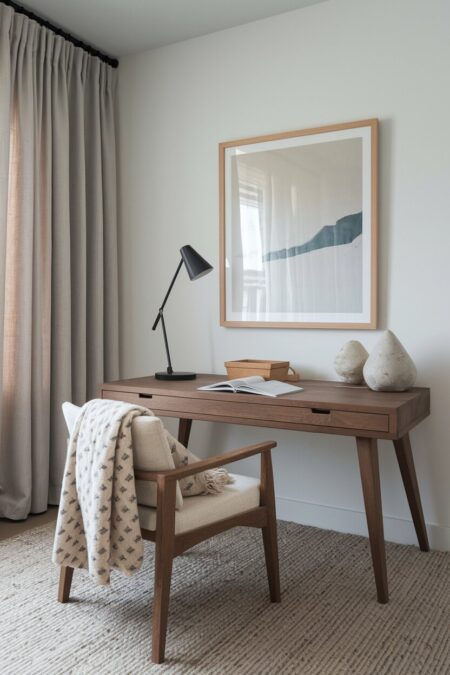 Japandi home office with a wool throw on a low chair, a linen cushion, a stone paperweight on the desk
