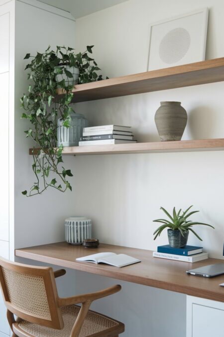 Japandi home office with floating shelves with a few books, a plant, and pottery