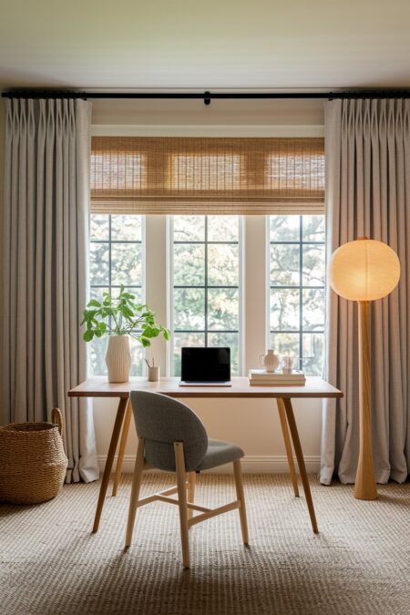 Japandi home office with linen curtains, woven shades and a Japanese style floor lamp