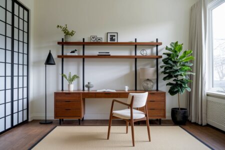 Japandi home office with wooden furniture and black accents