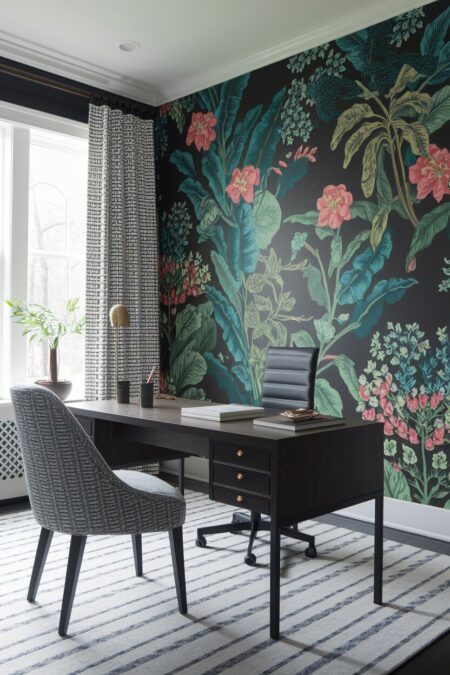 maximalist home office has a dark wallpaper with an oversized botanical print and a black desk