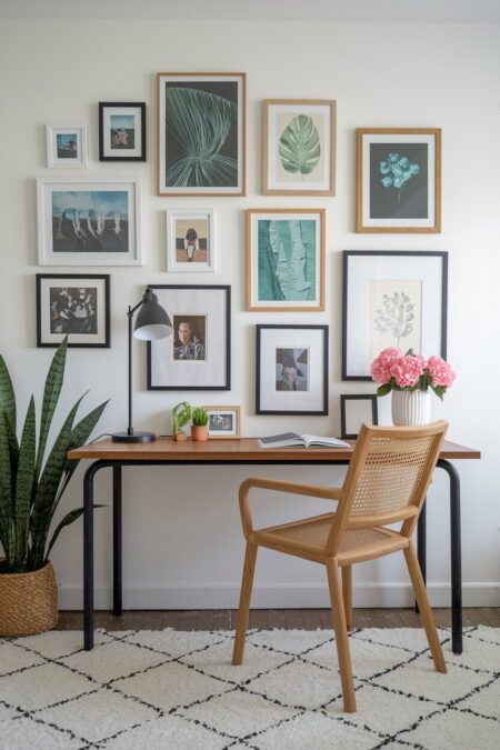 maximalist home office with a gallery wall and a wooden cane chair