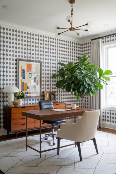 maximalist home office with a geometric wallpaper print, a vintage wooden credenza, and a black office chair