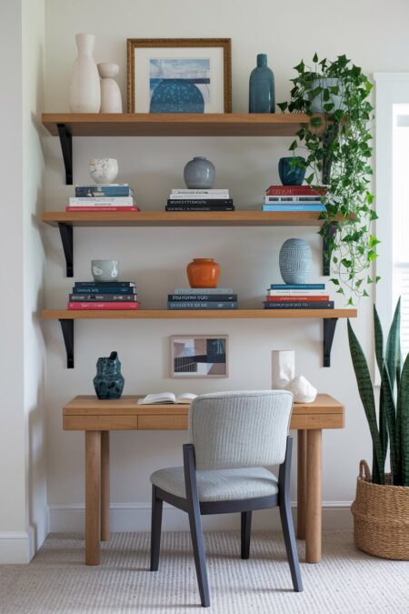maximalist home office with books and vases on the floating shelves