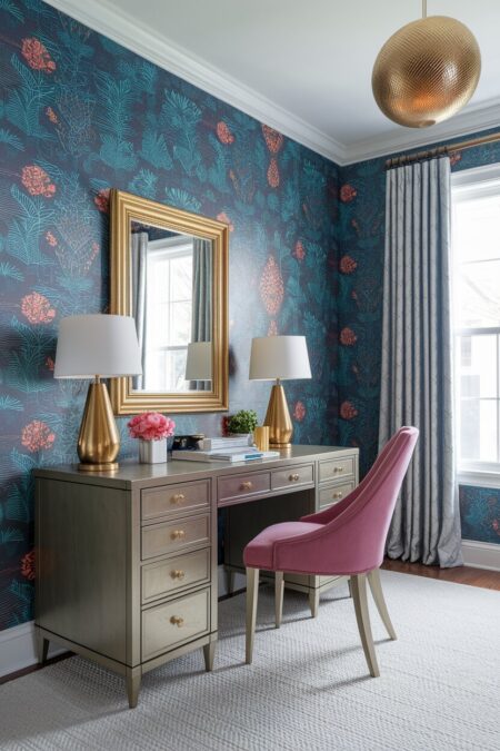 maximalist home office with brass drawer pulls, table lamps and a pendant light, a gold-framed mirror