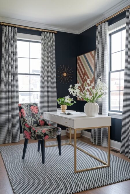 maximalist home office with dark painted walls, striped curtains, a floral desk chair, and a geometric weave rug