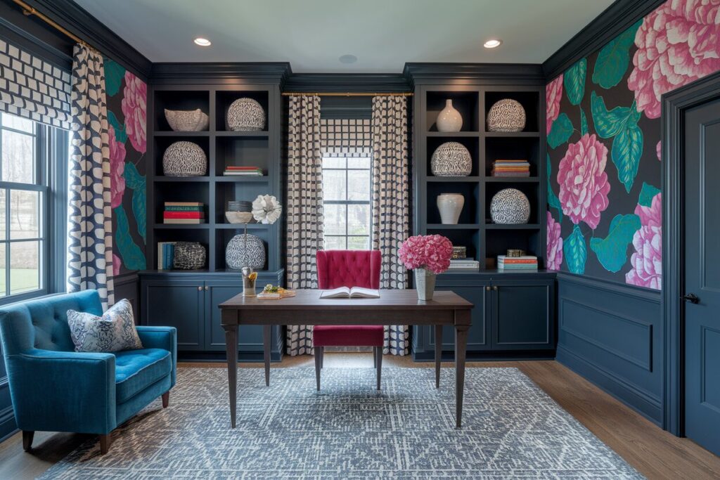 9 Maximalist Home Office Ideas to Fuel Your Creative Chaos maximalist home office with gray shelving and oversize floral pattern on the wallpaper