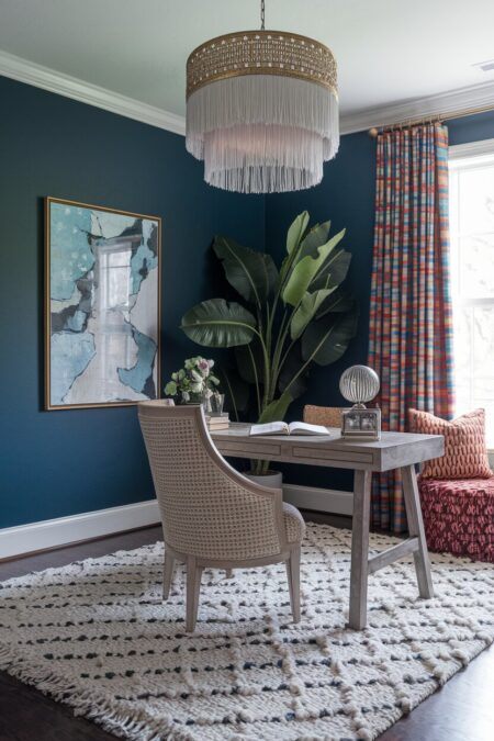 maximalist home office with navy blue walls, a velvet desk chair, chunky wool rug, and a fringed lampshade