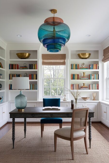 maximalist home office with white shelving and a blue colorful glass pendant light fixture