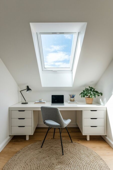 minimalist small white attic home office with a skylight above the white desk