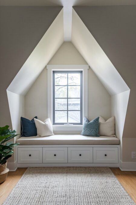 oddly shaped attic dormer window seat with built-in drawers