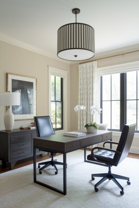 beige transitional home office has a sculptural pendant with drum shade and black office chairs
