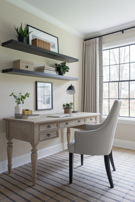 transitional home office has a traditional desk with turned legs and drawers, a neutral chair, dark floating shelves