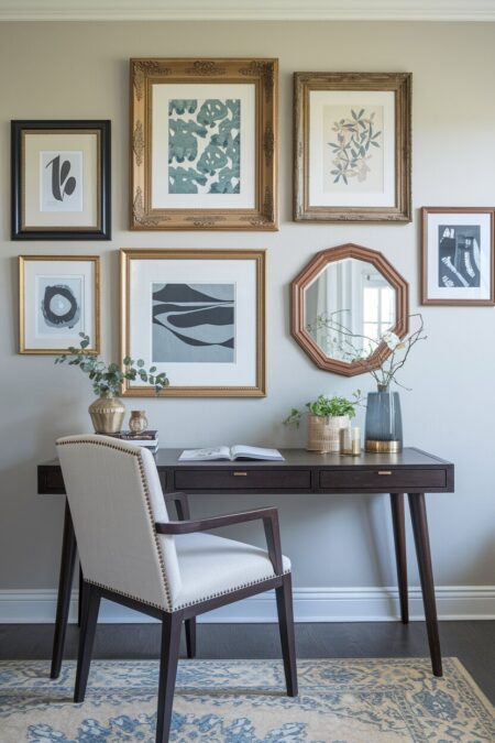 transitional home office with a gallery wall, traditional gilded frames with contemporary prints