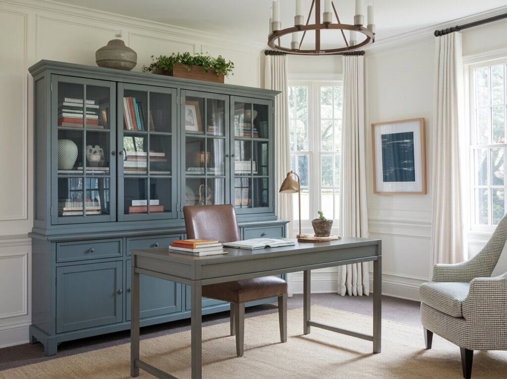 transitional home office with a gray glass-front cabinet or hutch, white walls with moldings, and a leather chair