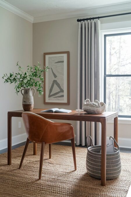 transitional home office with a wooden desk, jute rug, linen drapery, and a leather chair