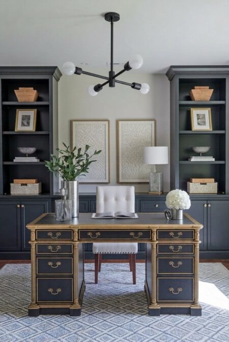 transitional home office with black furniture and pendant lamp, brass hardware and brushed nickel accents
