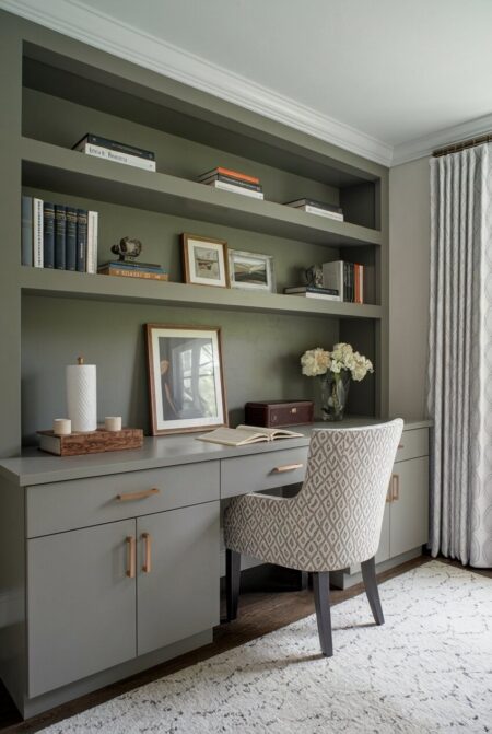 transitional home office with built-in shelving, flat panel cabinetry, and a classic crown molding