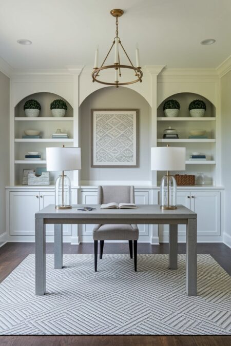 transitional home office with symmetrical layout and decor