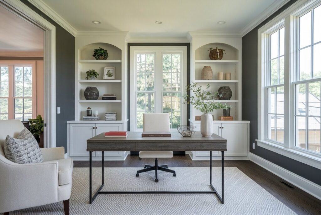 transitional home office with white shelving, gray walls, and a sleek desk