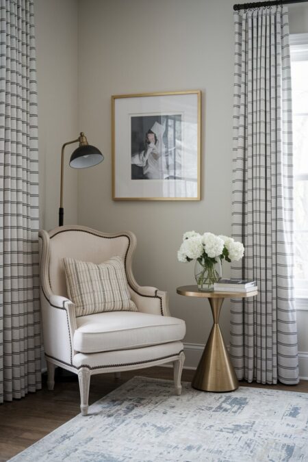 transitional style interior with a neutral bergere style chair and a small brass side table in the corner