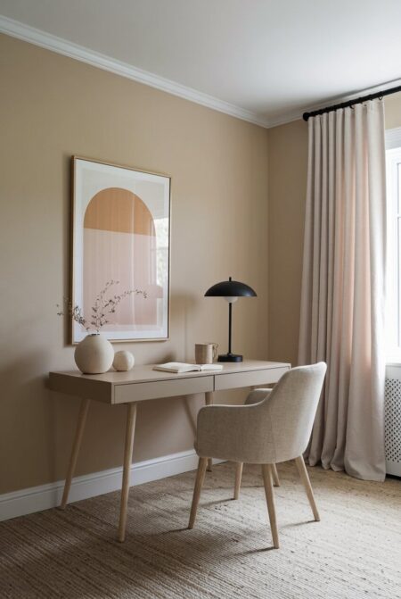warm neutral Japandi home office with a black desk lamp
