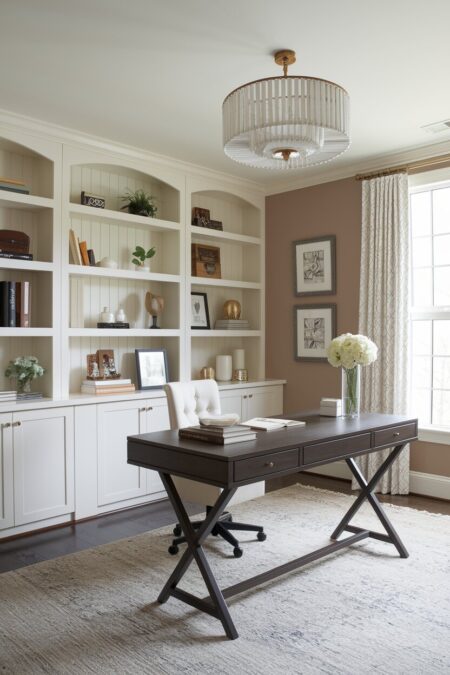 warm neutral transitional home office with cream built-in shelving and taupe walls