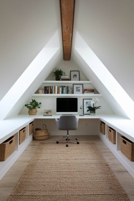 white attic home office with low storage along the knee walls, woven storage baskets