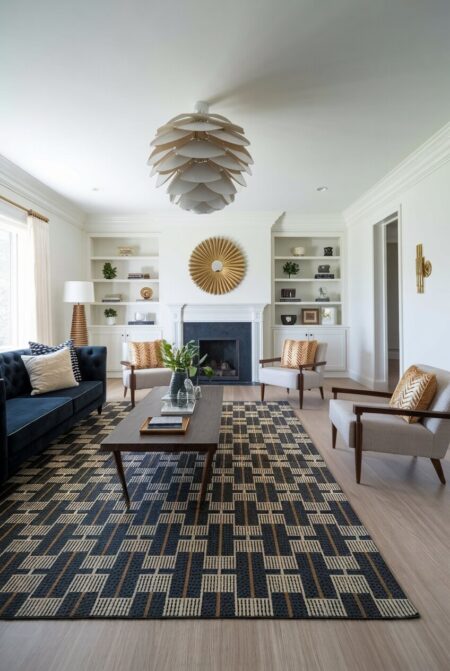 Art Deco living room with a black-and-cream geometric area rug, a dark tufted sofa, and three gray accent chairs