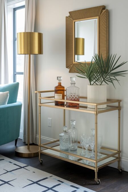 Art Deco living room with a brass frame bar cart and a gold floor lamp