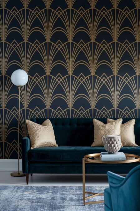 Art Deco living room with black-and-gold wallpaper and a dark velvet sofa