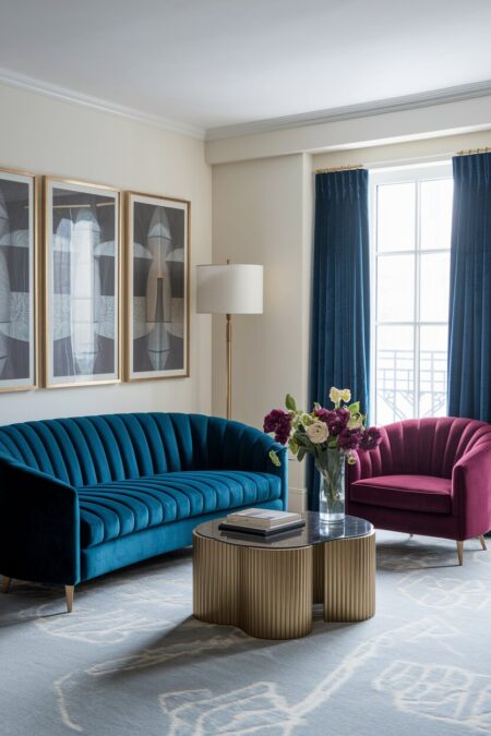 Art Deco living room with cream walls, a velvet channel-tufted sofa and armchair in jewel tones