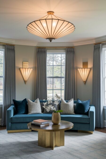 Art Deco living room with gray walls, a light blue sofa, fan-shaped wall sconces, and brass accents