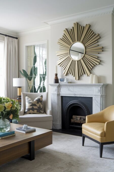 Art Deco living room with off-white walls and a sunburst mirror above the mantel