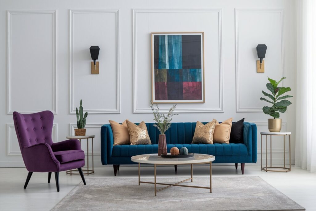 9 Art Deco Living Room Ideas Brimming with High-Contrast Drama Art Deco living room with white walls, moldings, a blue channel-tufted sofa, and a purple accent chair