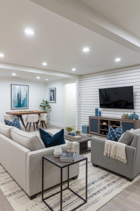 basement living room with separate the TV area and a game table