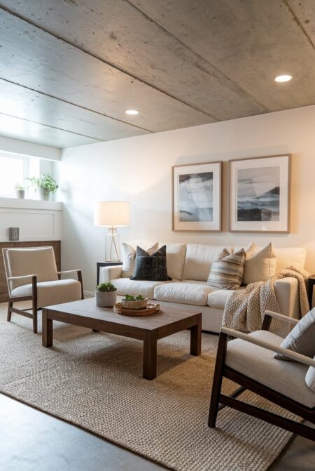 basement living room with white walls, concrete ceiling, a cream soft sofa, and warm textiles