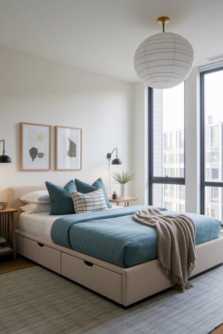 bed with built-in drawers in the modern small bedroom