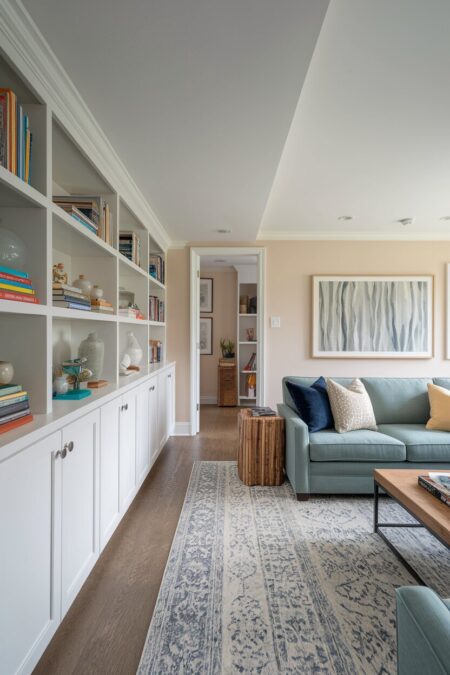 beige basement living room with white built-in shelving and cabinetry