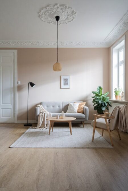 beige Scandinavian living room with a gray sofa, light wood furniture, and open floor space around