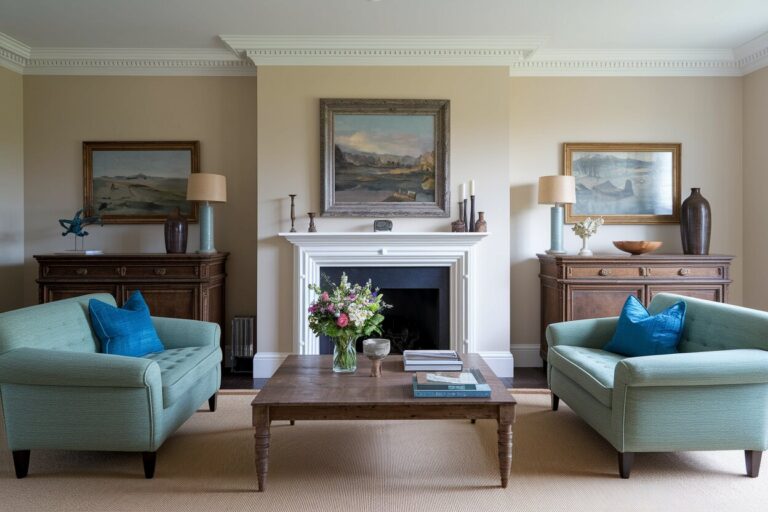 10 Vintage Living Room Ideas for Showcasing Oddities, Antiques, and Curiosities beige vintage living room with two loveseats, wooden furniture, and old painting frames