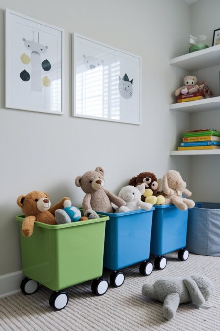 bins on wheels with plush toys in the playroom