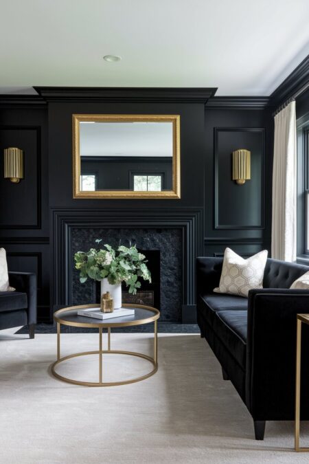 black Art Deco living room with a fireplace, a black sofa and armchair, gold furniture frames, and gold decor