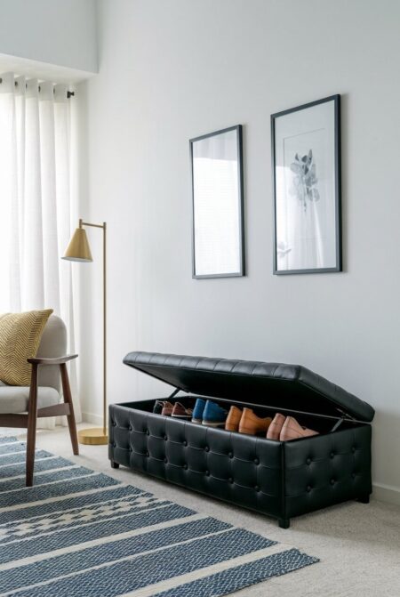 black leather storage ottoman with shoes inside