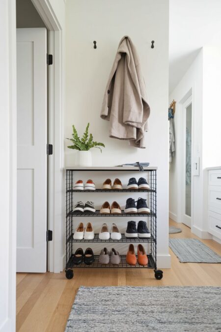 black rolling shoe cart with wire shelves