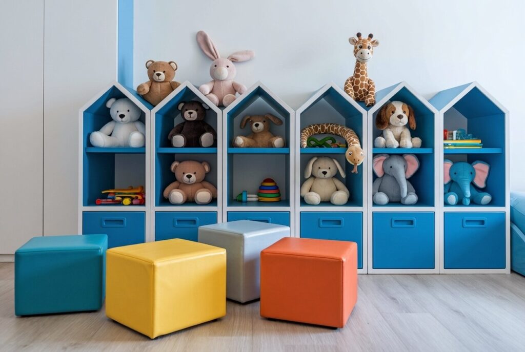 9 Playroom Storage Ideas That Turn Cleanup Time into a Game blue storage units with drawers and stuffed animal toys in the modern playroom