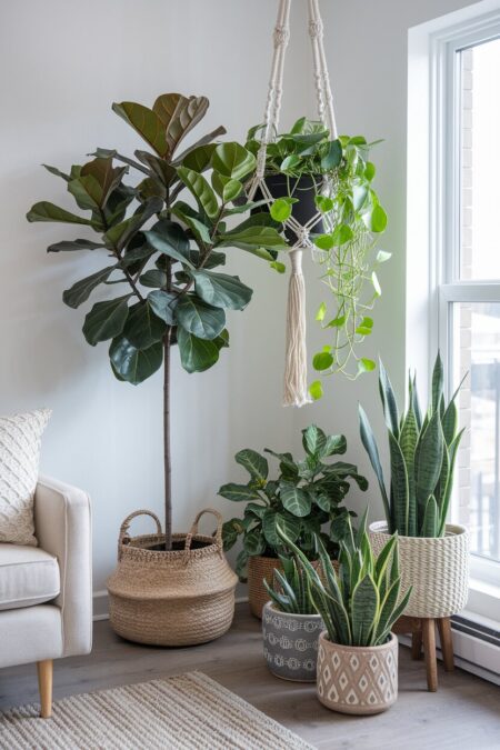 boho living room with a fiddle leaf fig and other houseplants in ceramic and woven pots in the corner